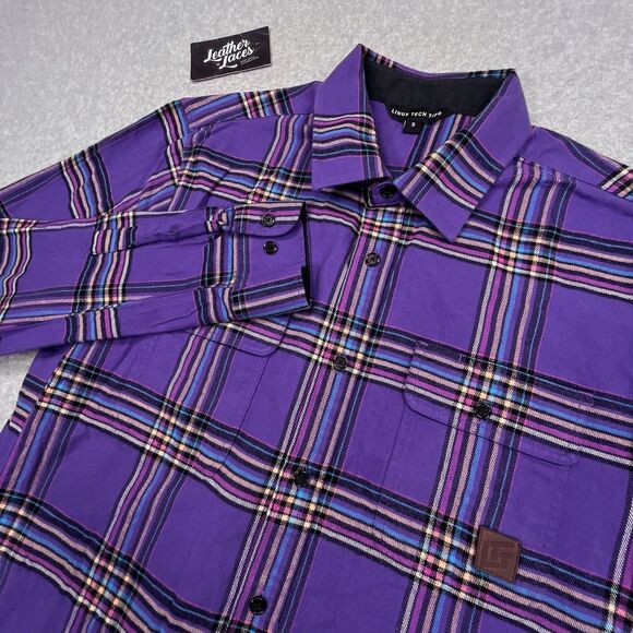 Linus Tech Tips Shirt Mens Small S Purple Plaid Flannel Casual Button Up Gaming - Picture 1 of 10